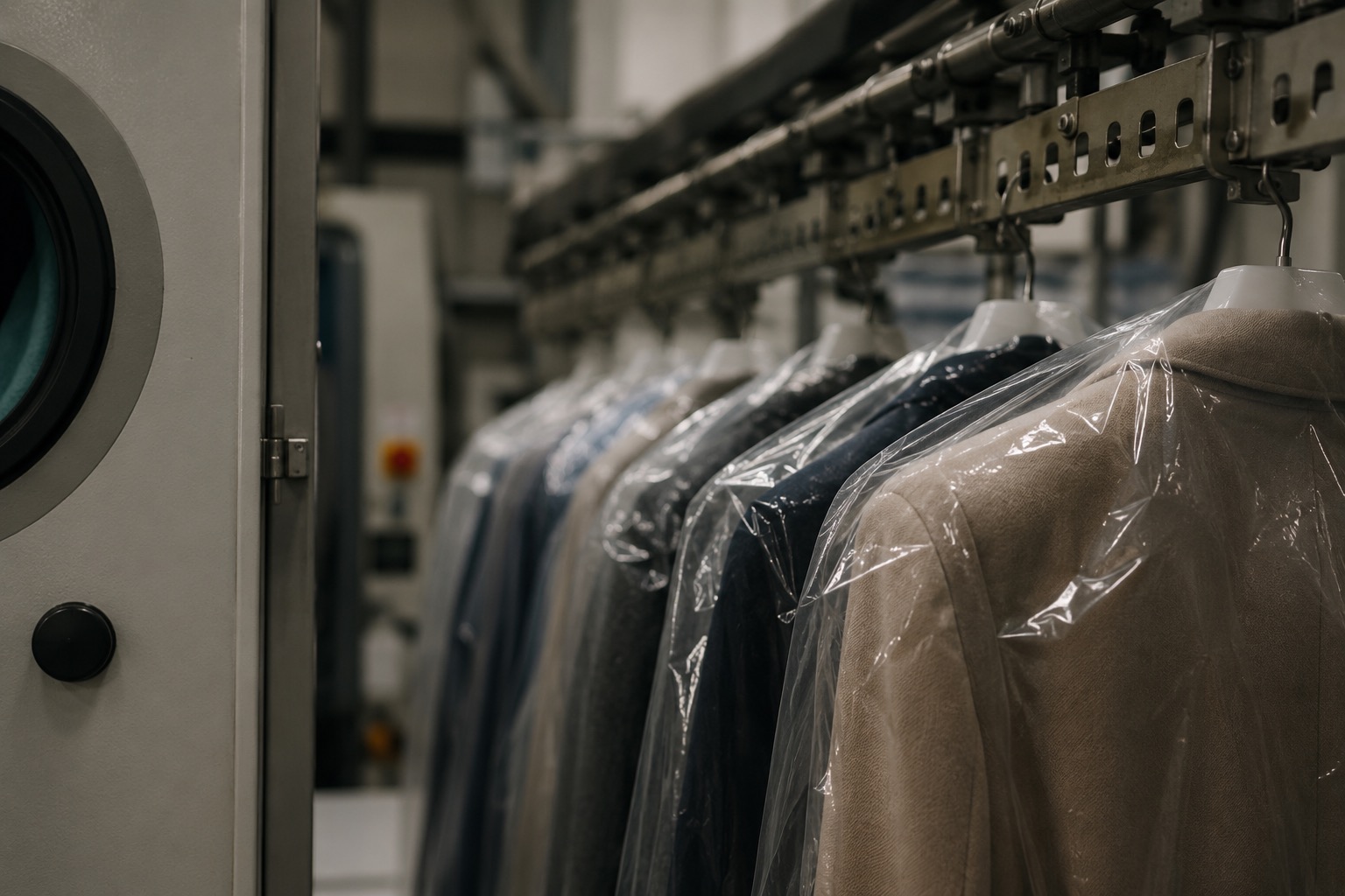 Garments on hangers representing professional dry cleaning